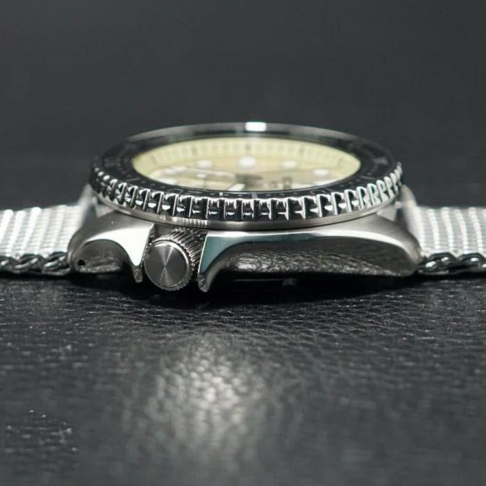 Seiko 5 Sports 100M Automatic Men's Stainless Mesh Strap Watch Black Bezel Vintage Beige Dial SRPE75K1 - Prestige