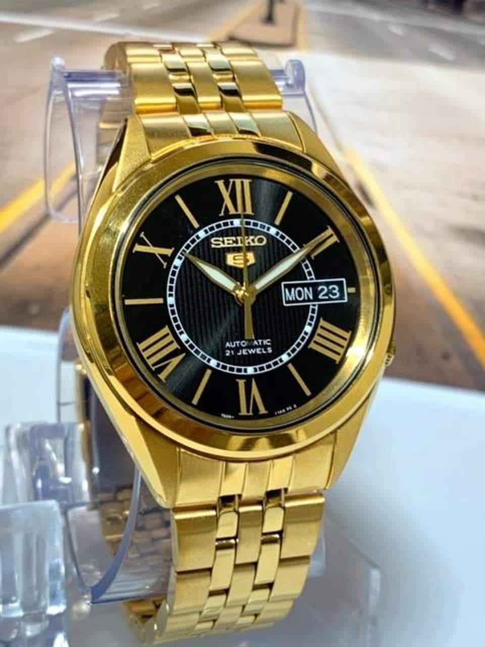 Seiko 5 Classic Men's Size Black Dial Gold Plated Stainless Steel Strap Watch SNKL40K1 - Prestige