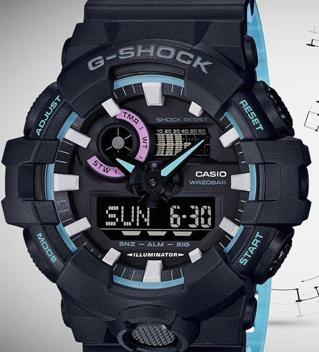 Casio G-Shock Special Color Model Black x Baby Blue x Pink Accents Watch GA700PC-1ADR - Prestige