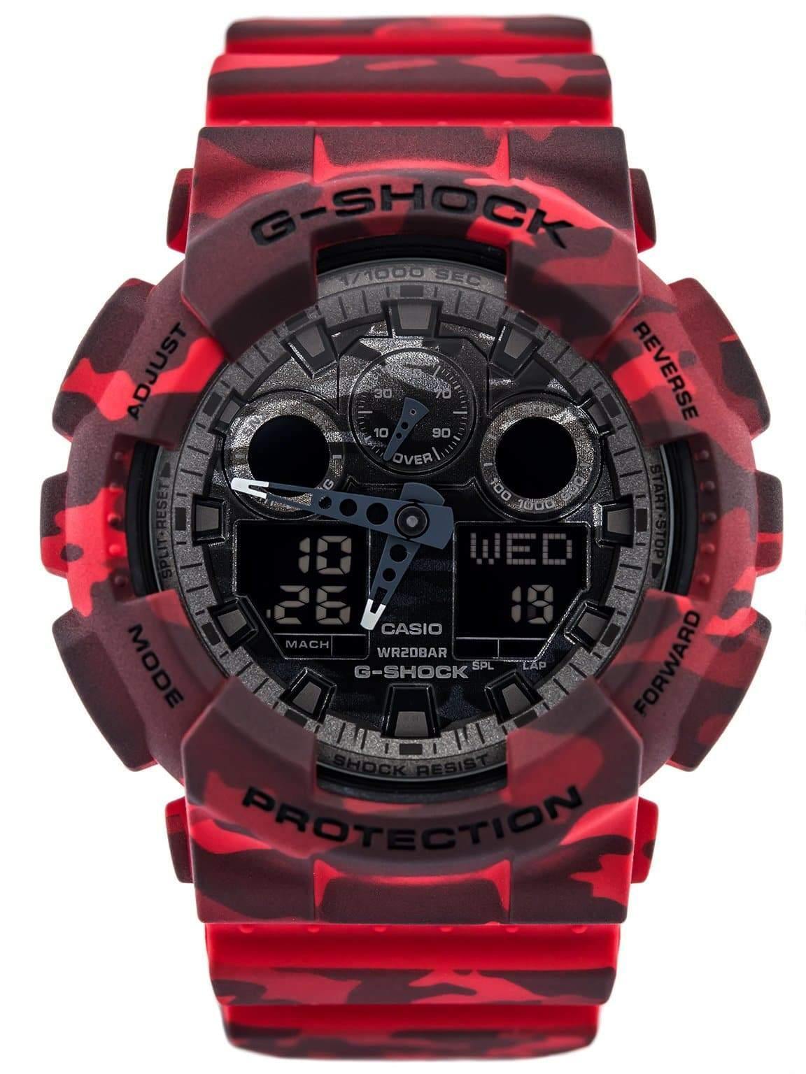 Casio G-Shock Military Black Camo Print Dial Red Camo Watch GA100CM-4ADR - Prestige
