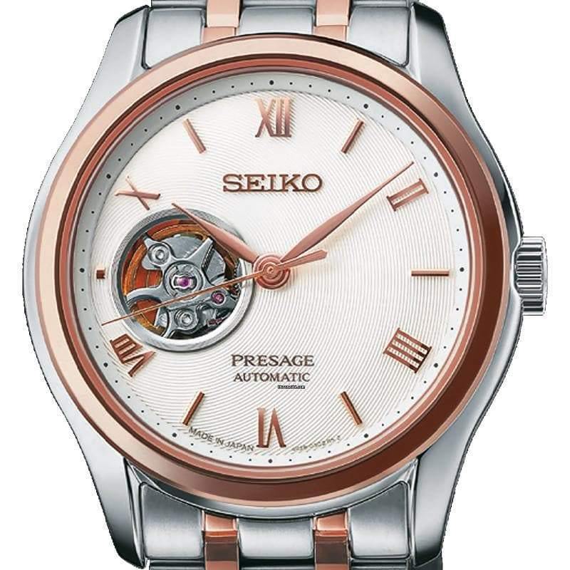 Seiko Presage Karesansui White Open Heart Two Tone Rose Gold Plated Men's Watch SSA412J1 - Prestige