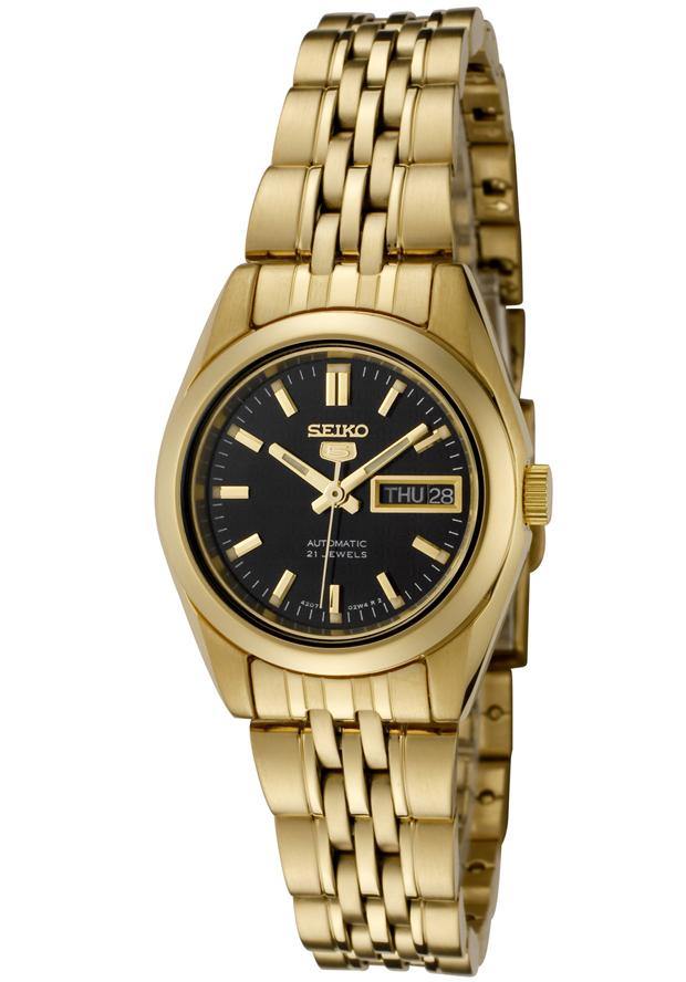 Seiko 5 Classic Ladies Size Black Dial Gold Plated Stainless Steel Strap Watch SYMA40K1 - Prestige
