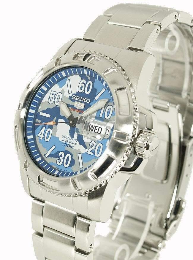 Seiko 5 Sports Military 100M Camo Blue Dial Automatic Men's Watch SRP223K1 - Prestige