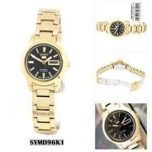 Seiko 5 Classic Ladies Size Black Dial Gold Plated Stainless Steel