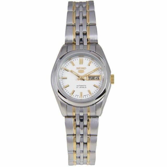 Seiko 5 Classic Ladies Size White Dial 2 Tone Gold Plated Stainless Steel Strap Watch SYMA35K1 - Prestige