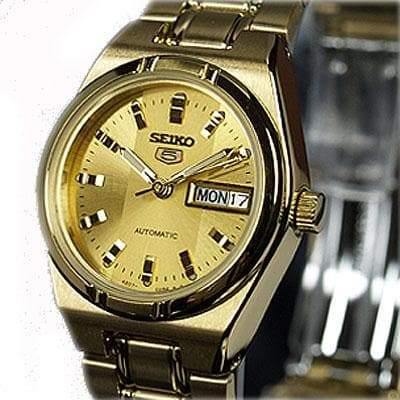 Seiko 5 Classic Ladies Size Gold Dial Gold Plated Stainless Steel Strap Watch SYM600K1 - Prestige
