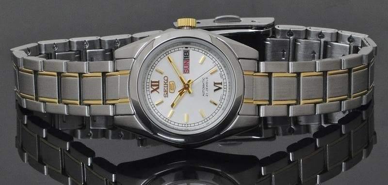 Seiko 5 Classic Ladies Size Silver Dial 2 Tone Gold Plated Stainless Steel Strap Watch SYMK29K1 - Prestige