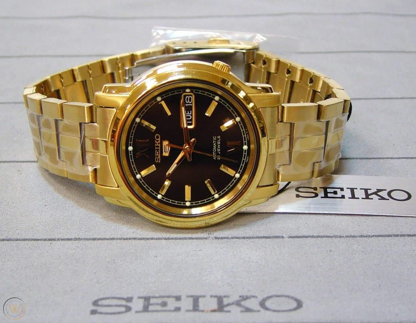 Seiko Classic Men's Size Black Dial Gold Plated Stainless Steel Strap Watch SNKK86K1