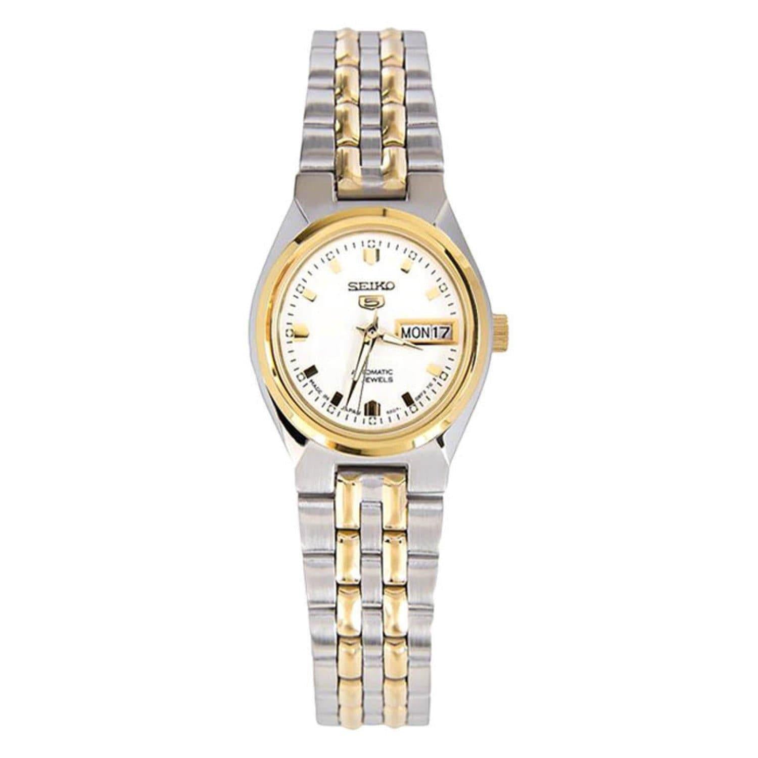 Seiko 5 Classic Ladies Size White Dial 2 Tone Gold Plated Stainless Steel Strap Watch SYMK44K1 - Prestige