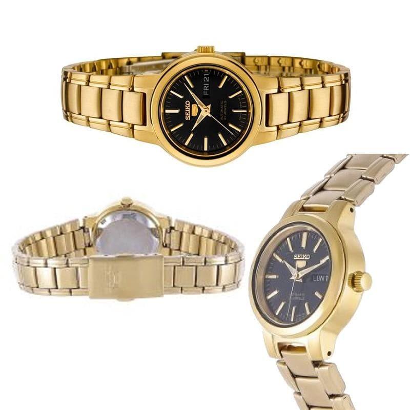 Seiko 5 Classic Ladies Size Black Dial Gold Plated Stainless Steel Strap Watch SYME48K1 - Prestige