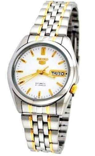 Seiko 5 Classic White Dial Couple's 2 tone Gold Plated Stainless Steel Watch Set SNK363K1+SYMA35K1 - Prestige