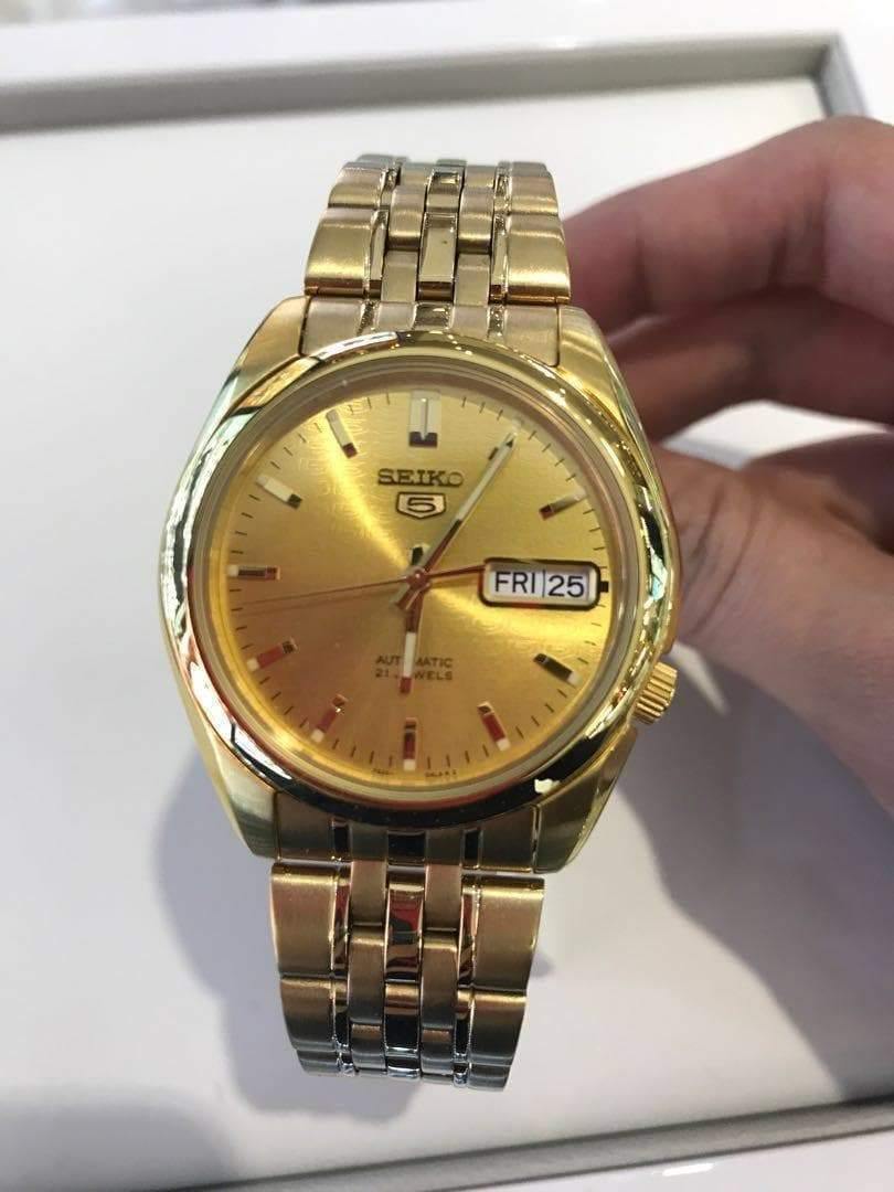 Seiko 5 Classic Men's Size Gold Dial & Plated Stainless Steel Strap Watch SNK366K1 - Prestige