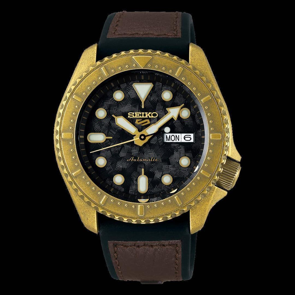 Seiko 5 Sports 100M Automatic Men's Patterned Black Dial Bronze Plated Case Leather Strap Watch SRPE80K1 - Prestige