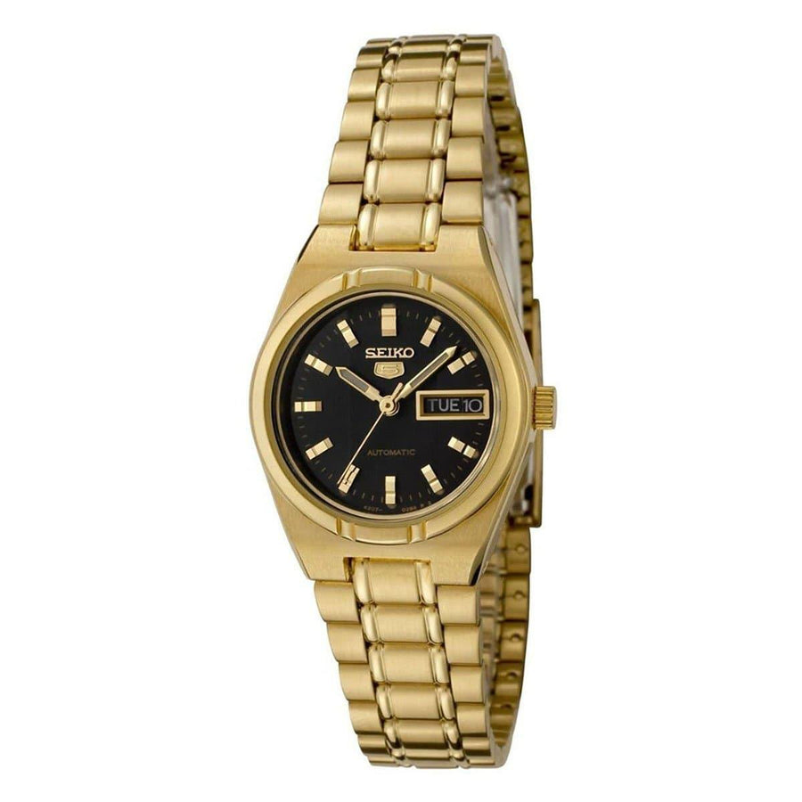 Seiko 5 Classic Ladies Size Black Dial Gold Plated Stainless Steel Strap Watch SYM602K1 - Prestige