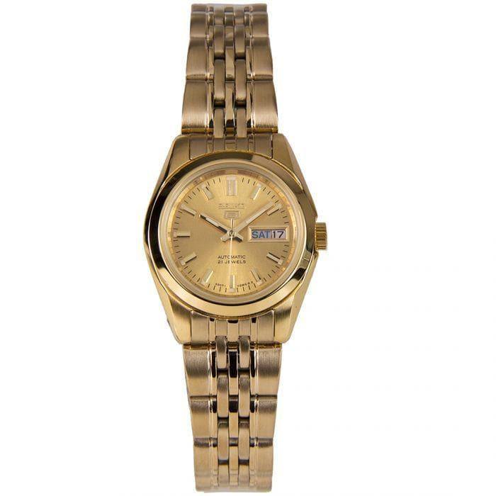 Seiko 5 Classic Ladies Size Gold Dial Gold Plated Stainless Steel Strap Watch SYMA38K1 - Prestige