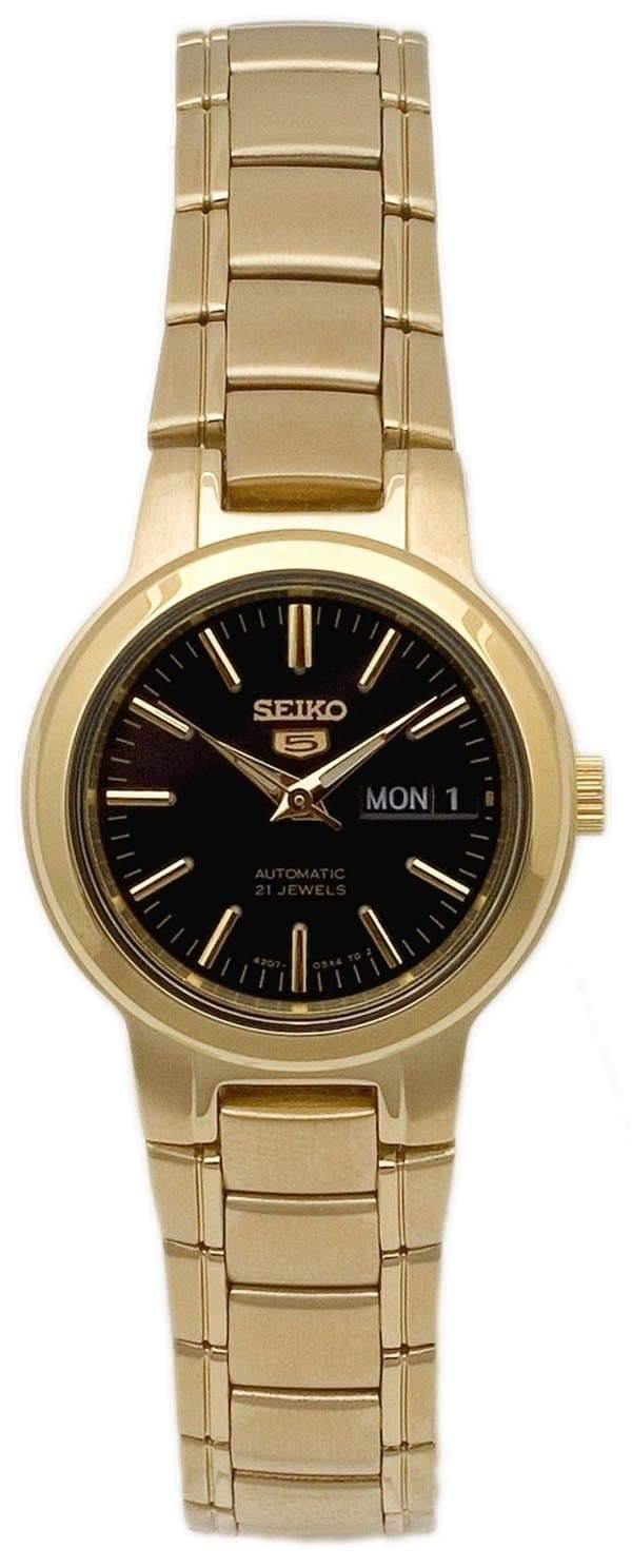 Seiko 5 Classic Ladies Size Black Dial Gold Plated Stainless Steel Strap Watch SYME48K1 - Prestige