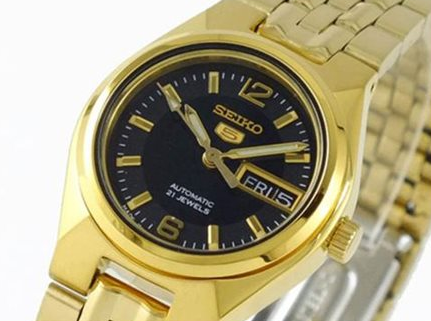 Seiko 5 Classic Ladies Size Black Dial Gold Plated Stainless Steel Strap Watch SYMK38K1 - Prestige